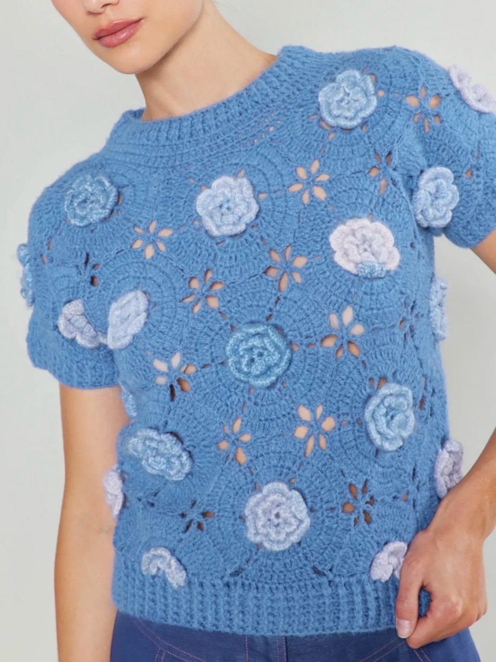 Current Air Los Angeles Handmade 3D Floral Crochet Knit Sweater Top Blue M/L $87
